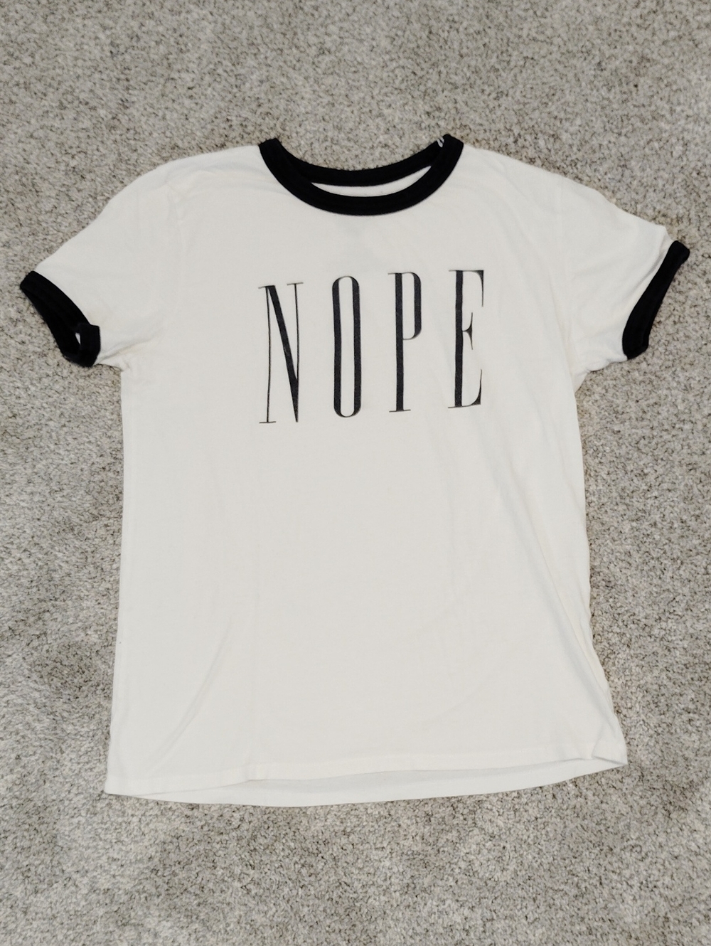 Modern Lux White Ringer Tee with Black Trim and 'NOPE' Graphic